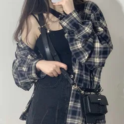 Deeptown Y2k Long Sleeve Plaid Shirts Vintage Woman Korean Style Blouses Japanese Harajuku Fashion Oversized Outerwears Summer