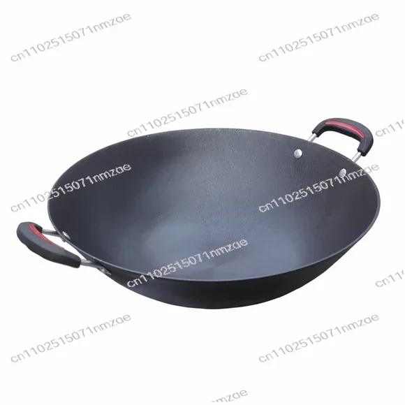 Uncoated Round Bottom Cast Iron Wok with Double Ears, Pre-seasoned Cast Iron Frying Pan for Household Kitchen Cooking