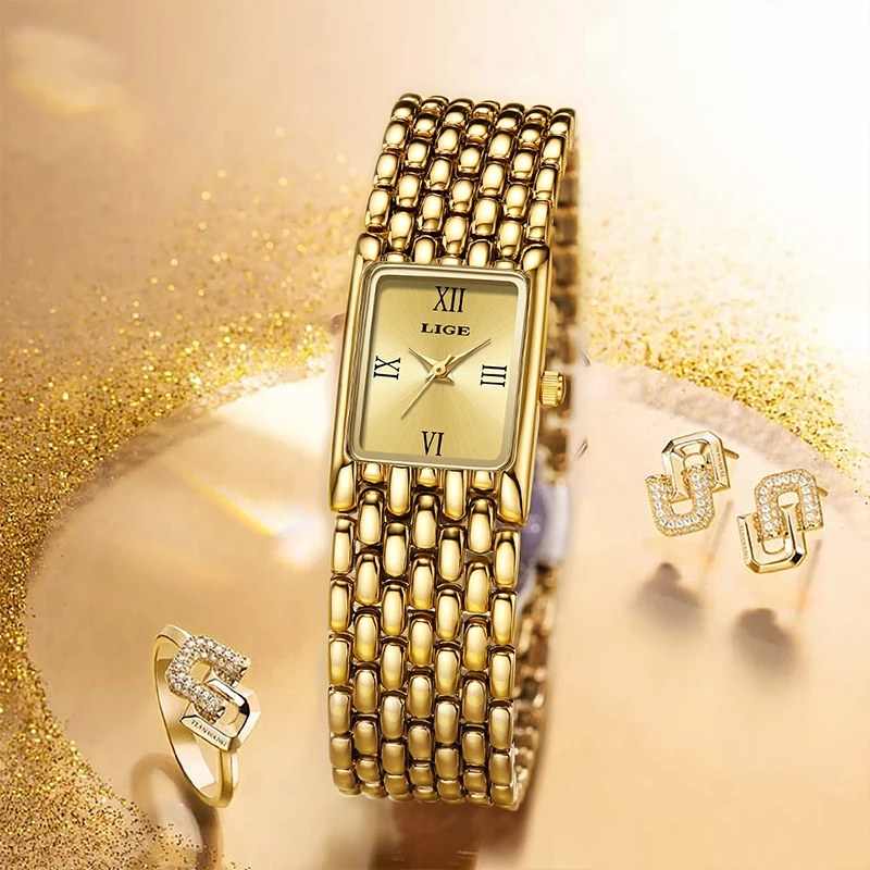 LIGE 2025 Novo Relógio Feminino de Ouro Relógio de Quartzo de Luxo Pulseira de Aço Inoxidável Retro Moda 30M Relógio À Prova D 'Água para Mulheres reloj