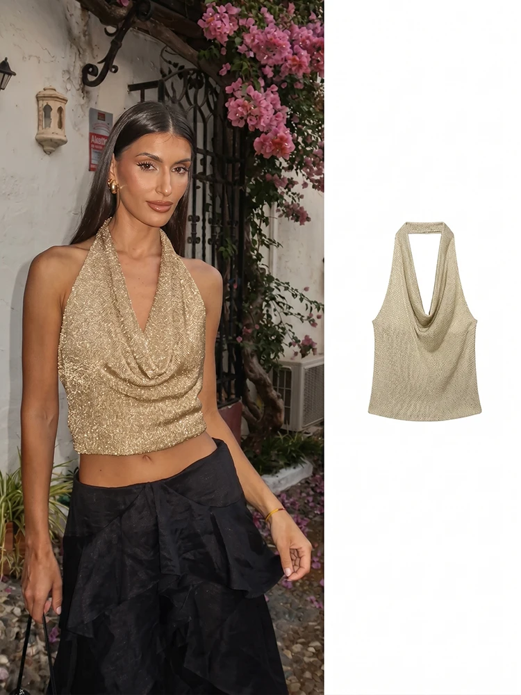 HH Y2K Retro Sexy Champagne Halter Tank Top Cowl Draped Neck Shimmer Knit Sleeveless Cami Summer Club Festival Night Casual wear