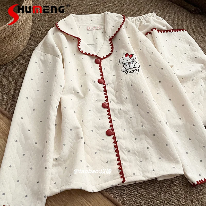 

Autumn Winter Thickened Homewear Set Women Polka Dot Puppy Ins Pajamas Suits Female Warm Pure Cotton Loose Sleepwear