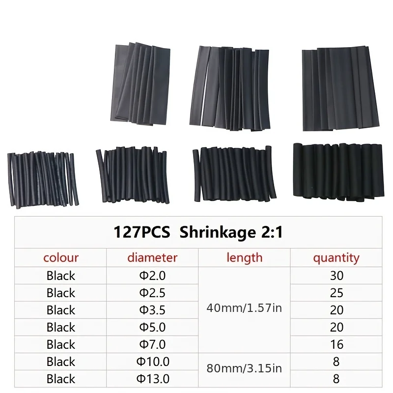 127pcs Black Heat Shrinkable Tube Cable Insulation Sleeve Waterproof Electronic Lated Polyolefin Sheathed Shrink Tubing