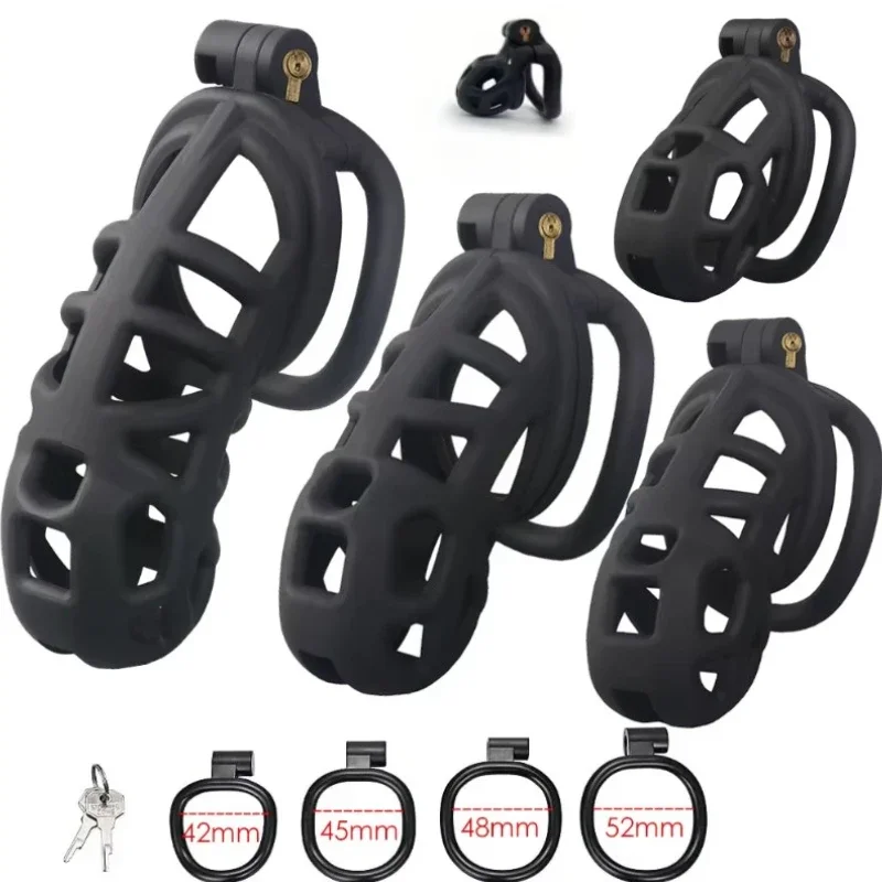 Male Penis Lock Chastity Cage with Lock and 4 Rings Resin Virginity for Men Breathable Cock Ring Penis Fetish Restrain Sexy Toys