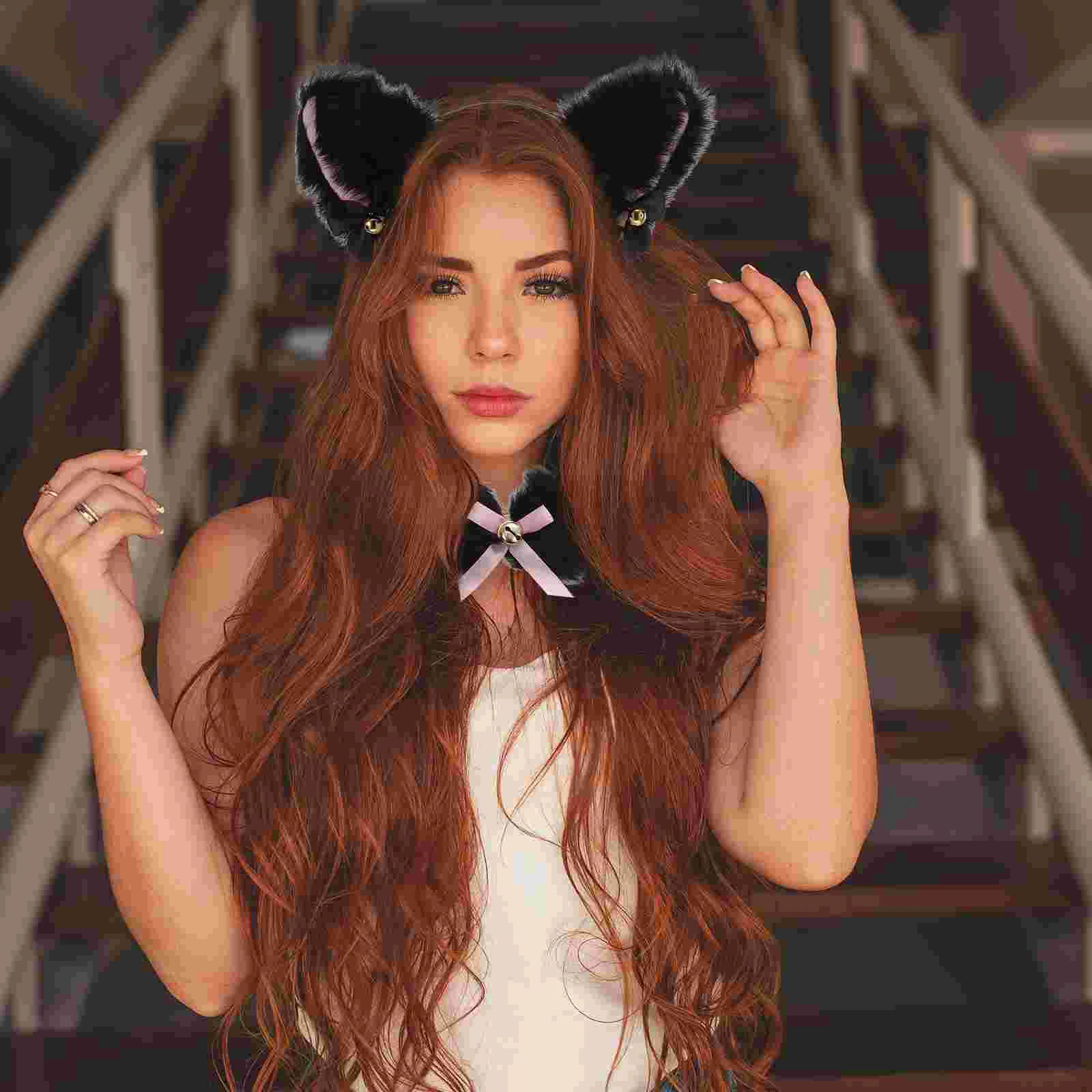 

Bell Choker Headband Cat Ears with Bow Furry Tie Set Collar Cosplay Lolita Cats Headdress Fabric Plush