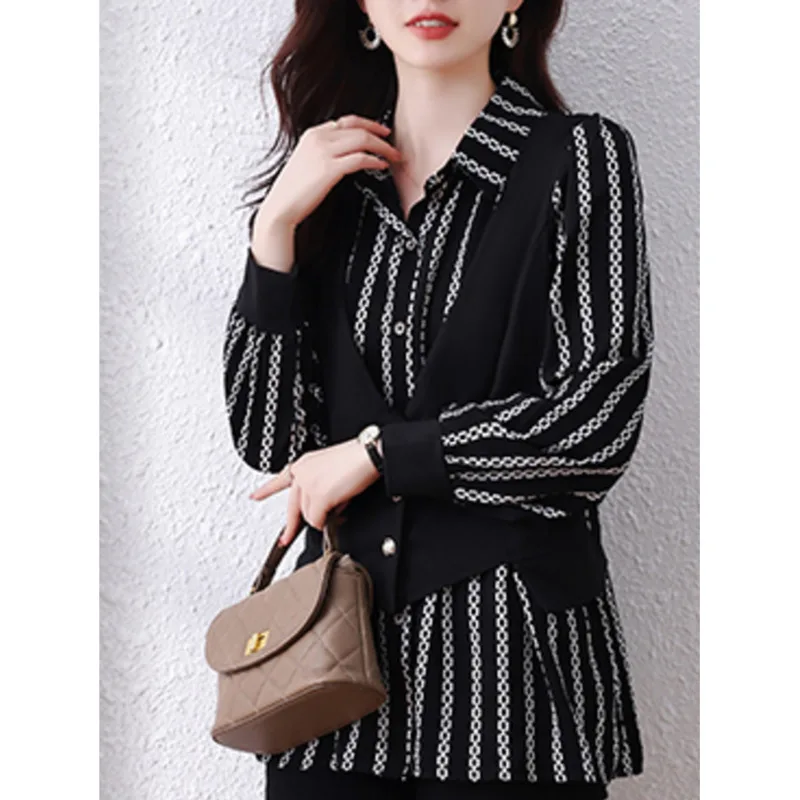 #2823 Spring Autumn False Two Piece Shirts Women Long Sleeve Split Joint Office Shirts France Style Vintage Shirts Regular Fit