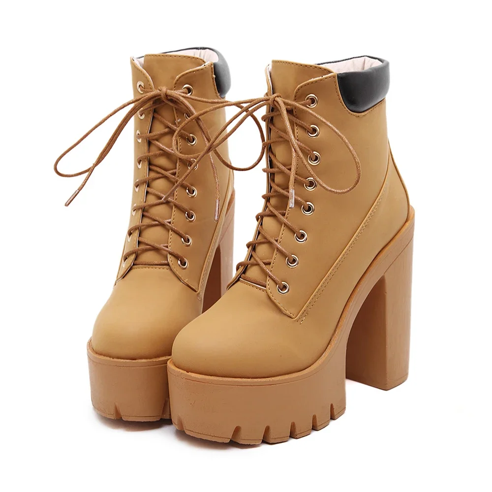 Women\'s Chunky Heeled Short Boots Round Toe Lace Up High Heels Solid Color Waterproof Platform Motorcycle Boots for Women