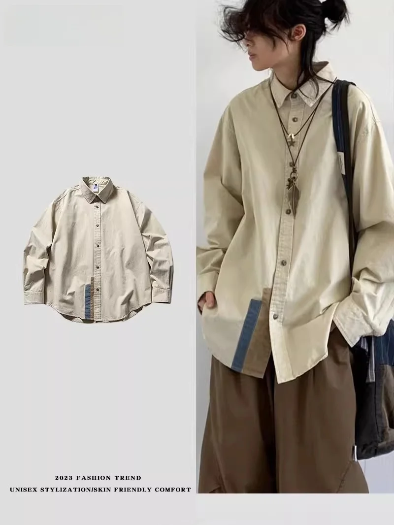 

Spring Casual Loose Long Sve Men's irt Retro Simple Color Blo Personali Matching Vintage Sle Polyester Fiber Stand...