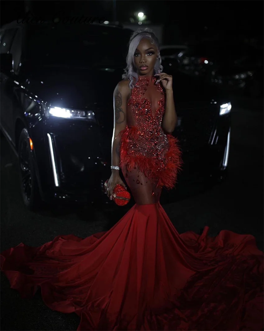 Luxury Red Mermaid Long Prom Dresses Party Sparkly Gold Beading Crystal Diamonds Evening Gown Gala Vestidos Feathers Customized