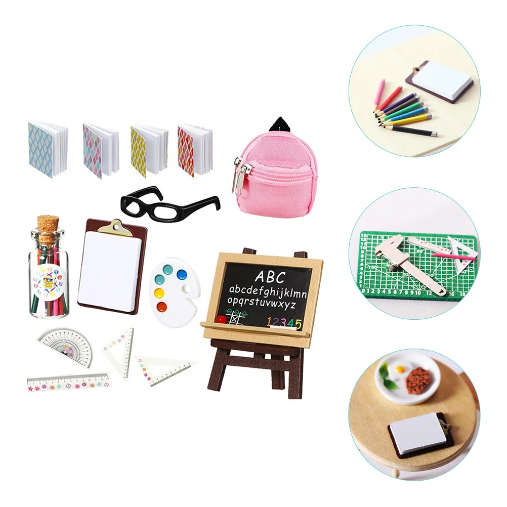 

1 set Premium Simulation Learning Set Miniature Book Adorable School Bag Model Cute Pencil Tools Mini House Decoration Accessory