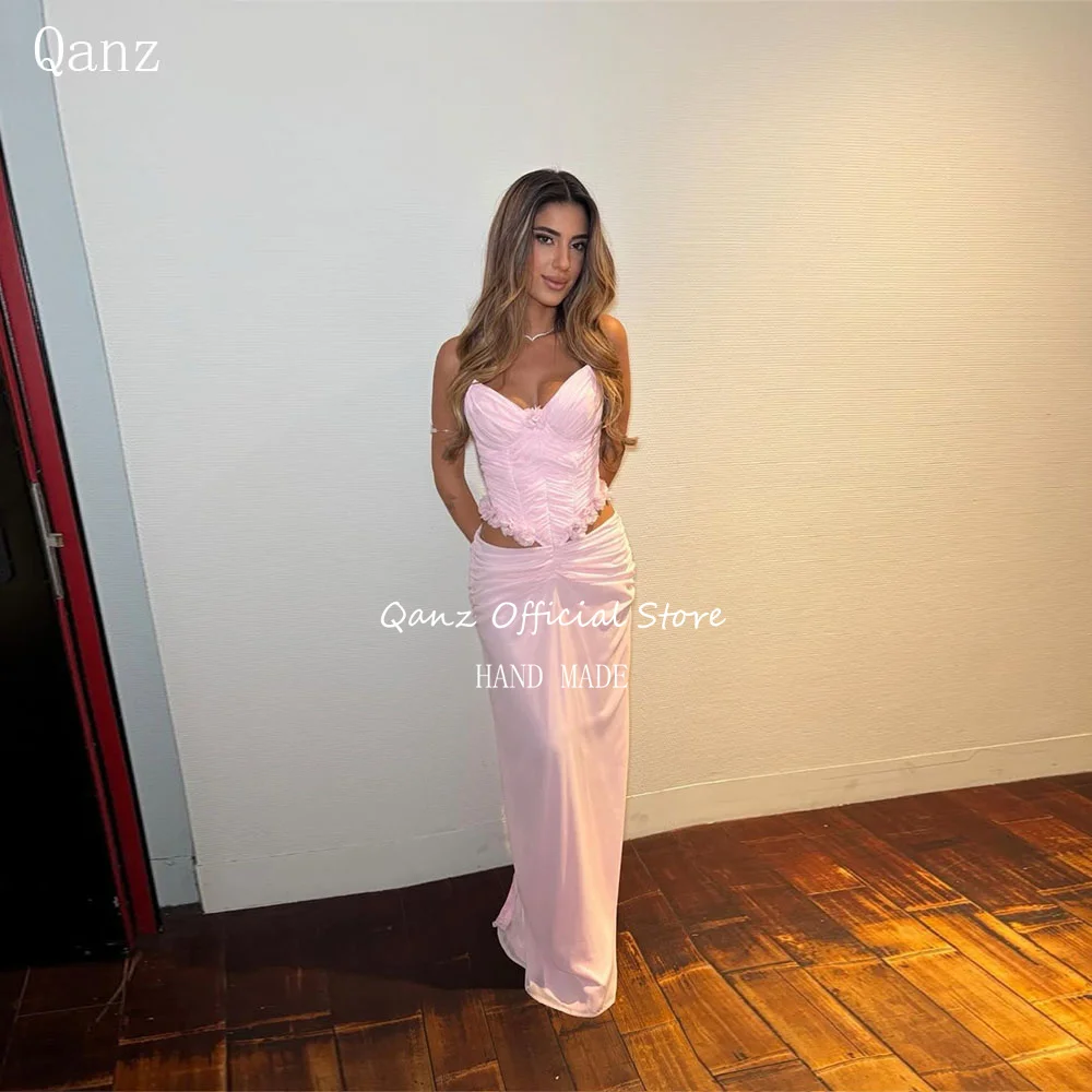 

Qanz розовое шифоновое платье для выпускного вечера Милая Русалка Vestidos Para Mujer Elegantes Y Formales вечернее платье без рукавов со рюшами по индивидуальному заказу