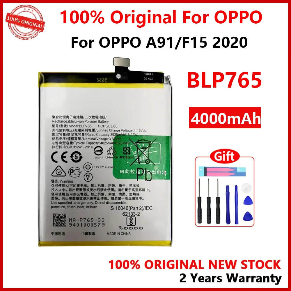 100% New Original 4000mAh BLP765 Battery For OPPO A91 / Reno 3A / F15 2020 CPH2001 CPH2021 PCPM00 Batteries With Gifts