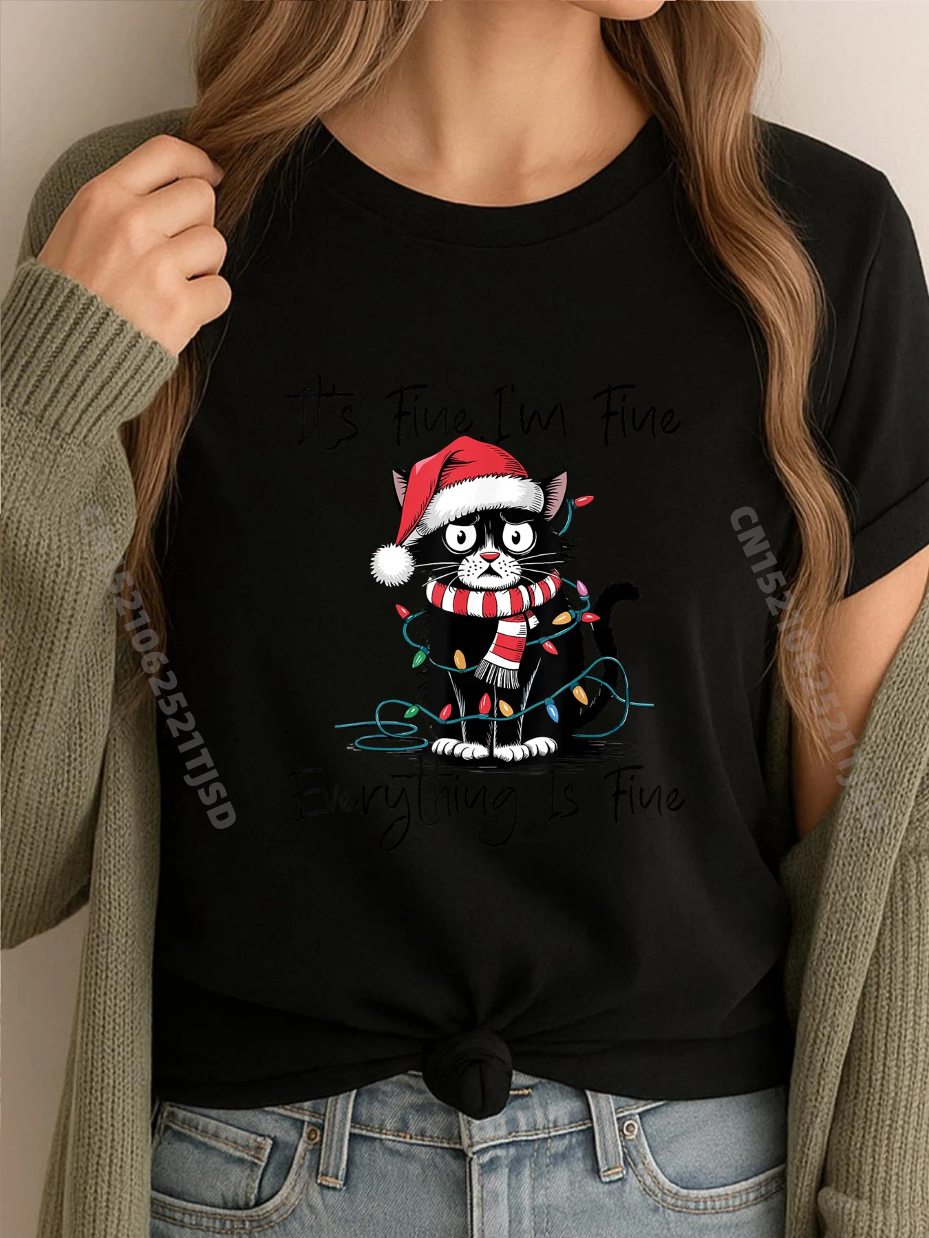 

Christmas Black Cat It Fine I M Fine Everything Is Fine Plus Size Woman Clothing Woman T-Shirts Japan Style
