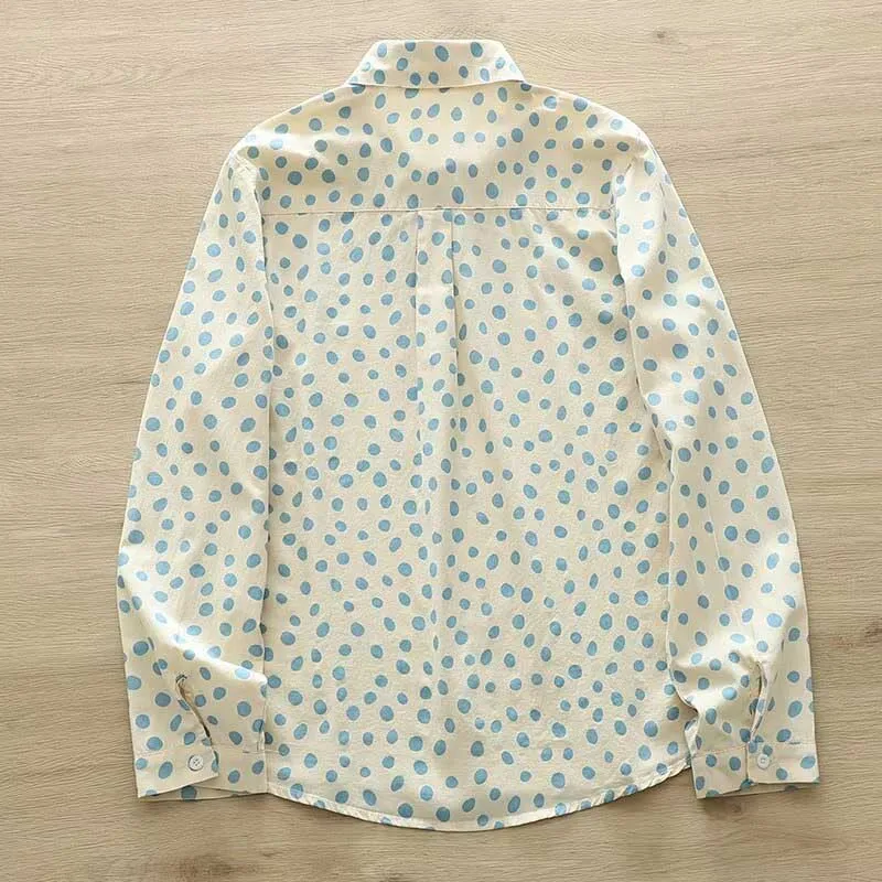 Sweet Cartoon Shirt for Girls Long Sleeve Turn-down Collar Embroidery Cat Pattern Tops Japanese Forest Style Blouse Polka Dots