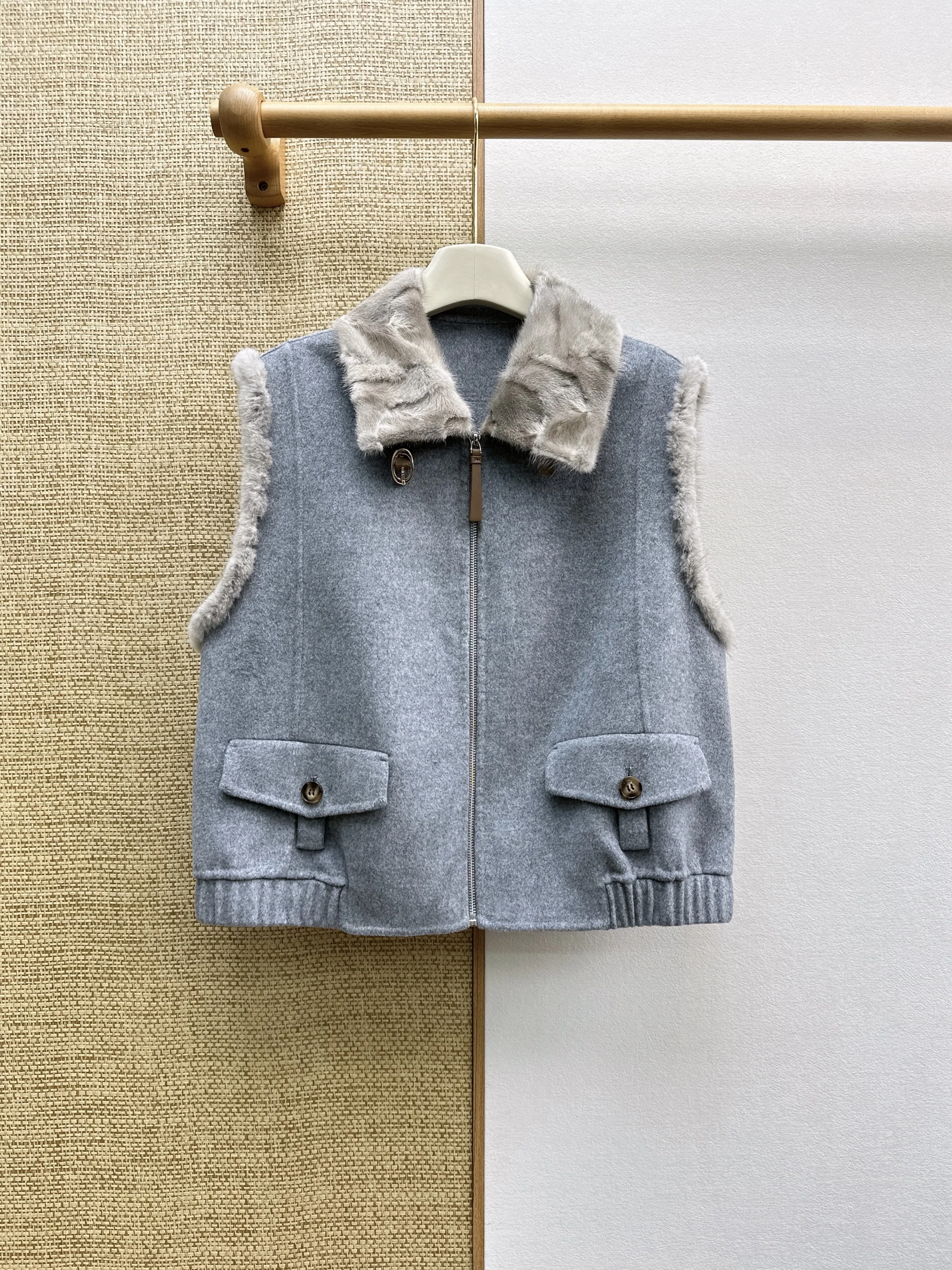 Women Double Faced Wool Vest Fall Winter New, Mink Fur Splice Collar Outerwear