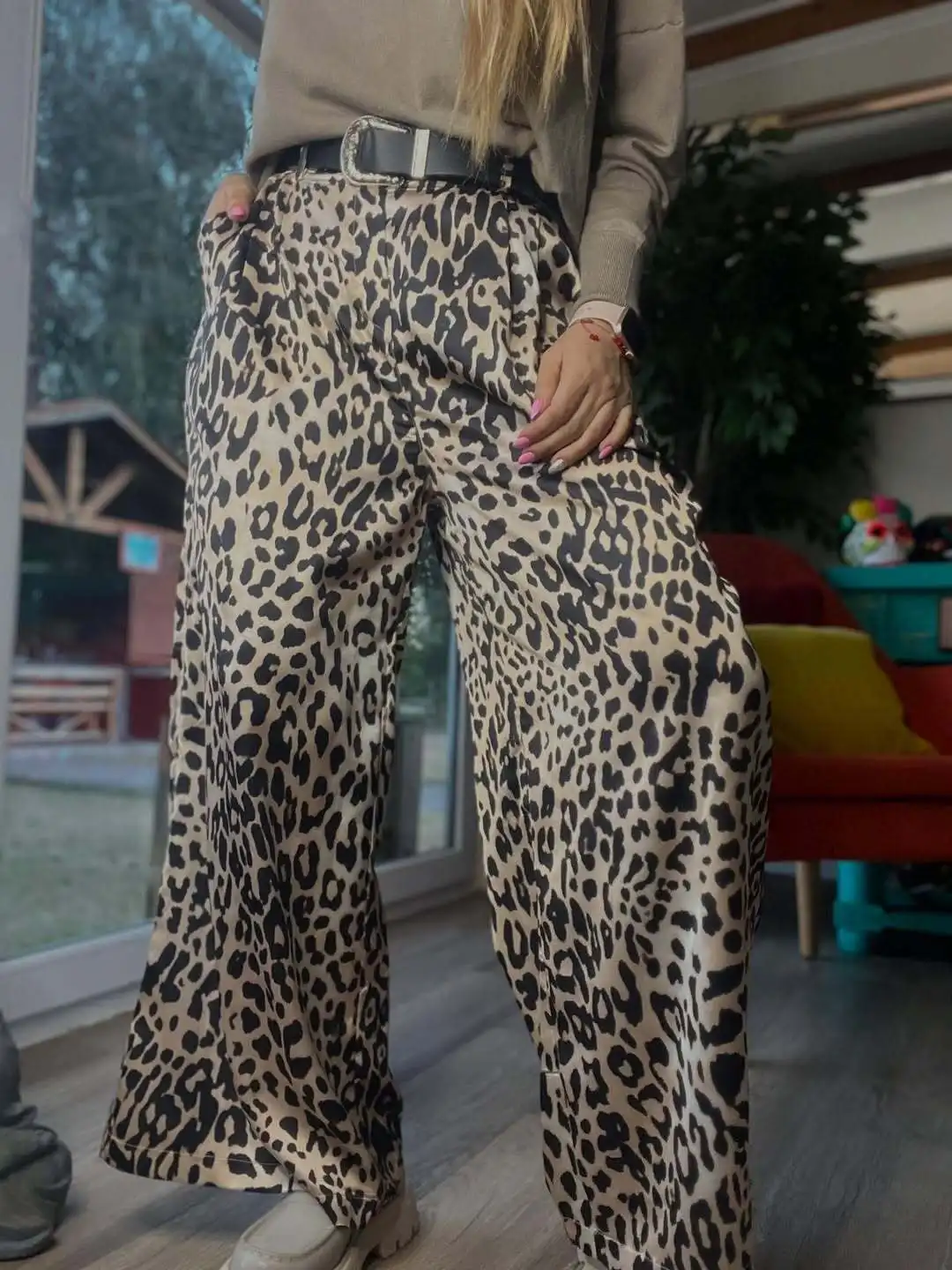 FL Leopard Satin with Belt High Waisted Trousers Wide Leg Pants Women's Clothing 2025 Summer New Arrivals Casual Pants Trousers