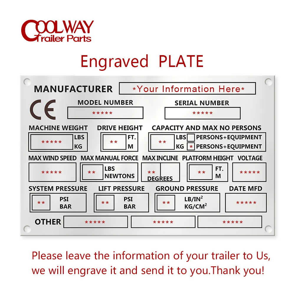 Blank or Engraved Aluminum Cherry Picker Scissor Trailer Lift Skyjack Plate ID Tag SN Number GVW AXLE Camper Parts Accessories