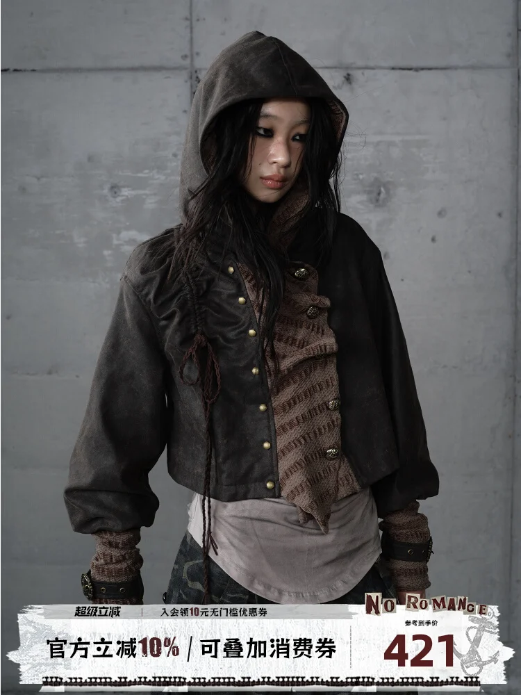 NO ROMANCE Original Design Retro Palace Patchwork Knit Suede Short Jacket Long Lantern Sleeve Hooded Novelty Punk Coat Jackets