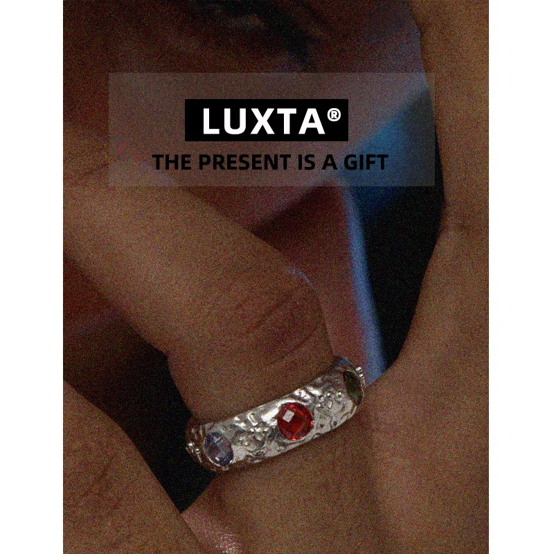 Luxta S925 Silver Ring Vintage Style Color Gemstone Texture Pure Silver Hip Hop Trendy Ins Floral Pattern New Jewelry