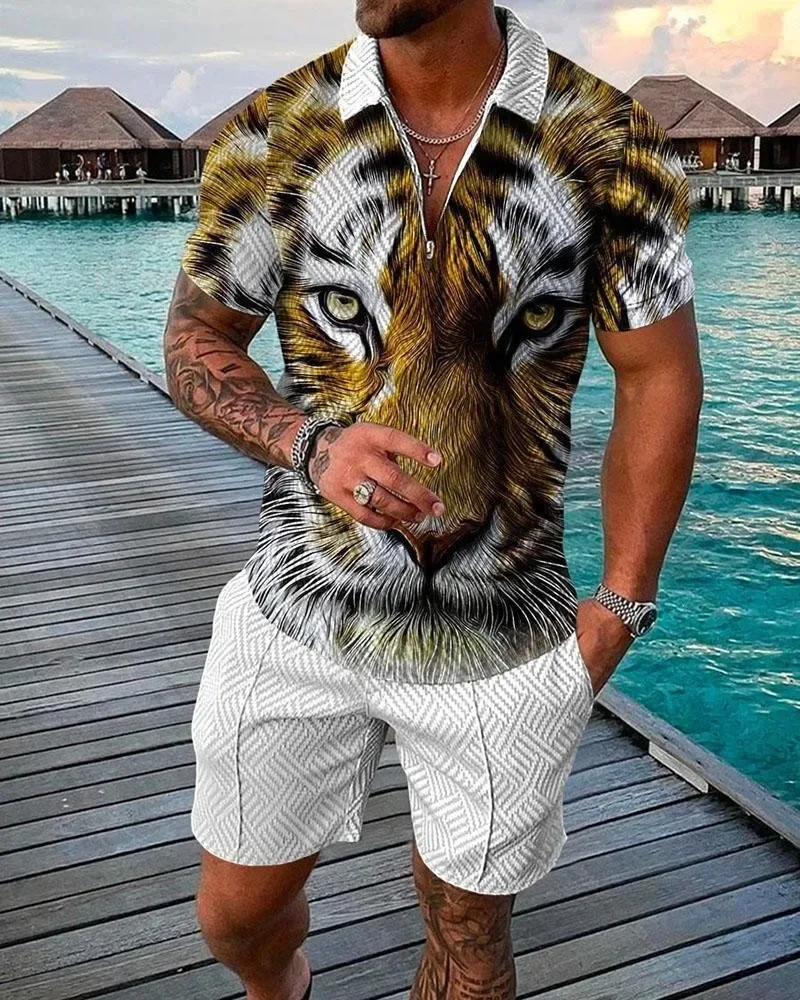 Tigre grande e gato padrão camisa polo masculina, impressão 3D, camisa com zíper, manga curta, shorts, tendência, terno de rua, verão