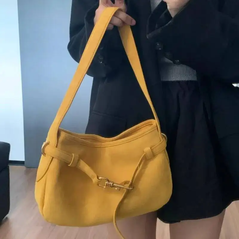 Bloom Yellow Suede Handbag Women Retro Fashion Versatile Shoulder Bags Ladies Casual Minimalist Commute Underarm Bag 2025 New