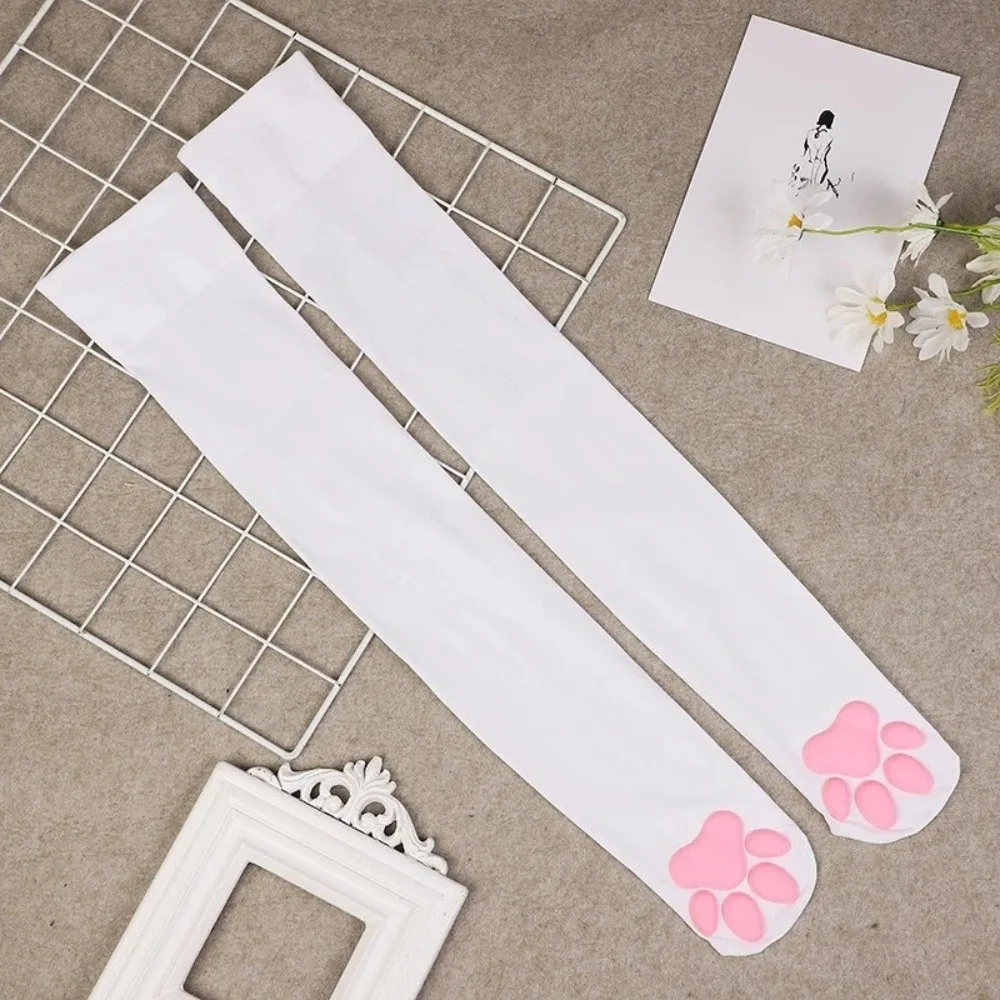 Cute 3D Cat Paw Pink Socks, Japanese Style Non-Slip Knee High Stockings, Thin Solid Color Leg Sleeves for Women Girls Cosplay image 4