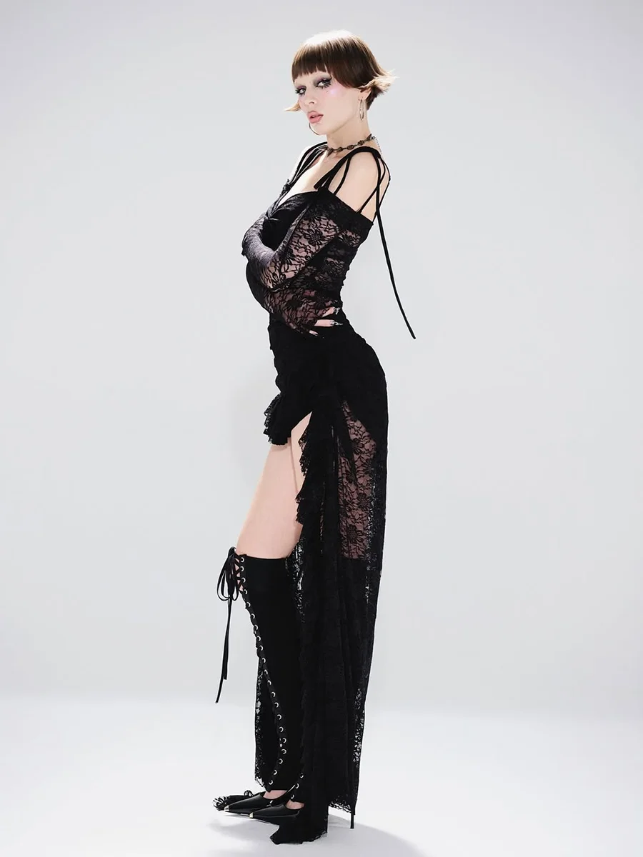 REDDACHiC ゴシックブラックレース トレインドレス レディース バンテージコルセット 長袖 シースルー ハイローボディコンドレス オルタナティブダークファッション