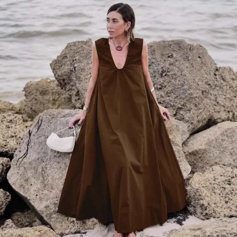 Summer New Fashion V-neck Folded Women Casual Loose Dress Simple Solid Color Female Sleeveless Long Vestidos