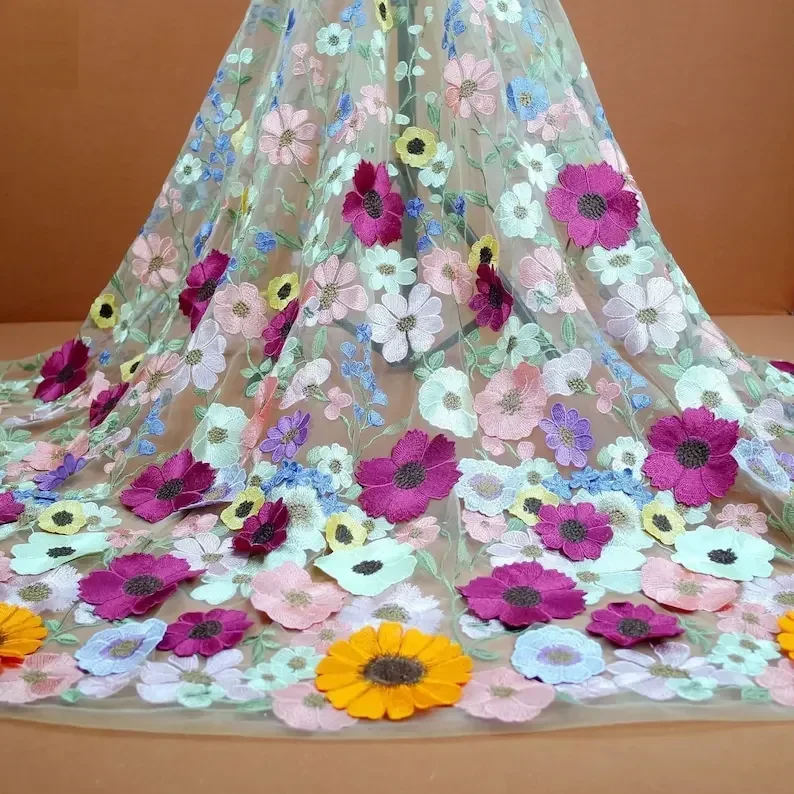 

Разноцветная 3d цветочная вышивка, кружевная ткань, красочная тюлевая ткань с цветочным принтом для девочек, платье-пачка, свадебное платье, свадебное платье