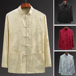 Men Silk Satin Chinese Traditional Embroidery Dragon Hanfu Blouse Tang Suit Kung Fu Shirts Tops Jackets Cheongsam New Year Coats