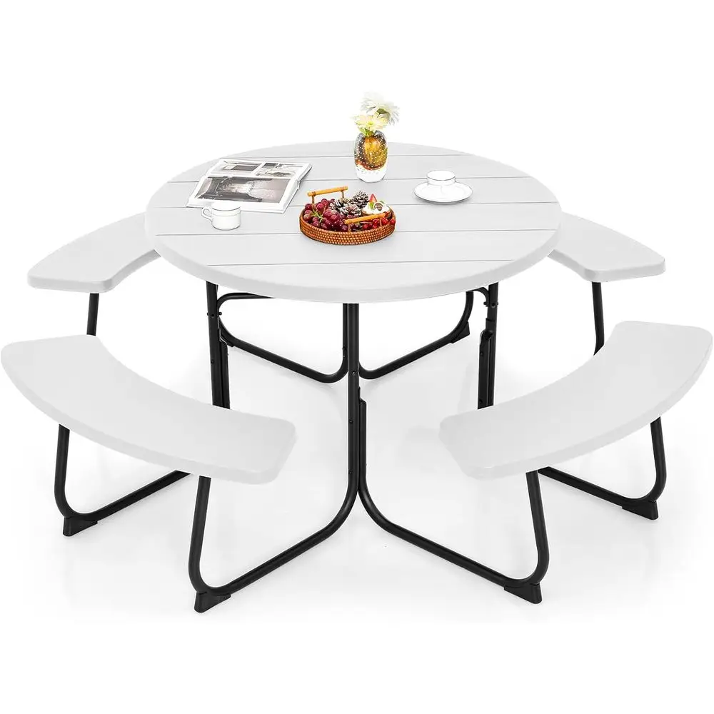 Round Outdoor Picnic Table Set for 8, White Patio Bench with Umbrella Hole, Durable HDPE Top & Metal Frame, 2000lbs Capacity