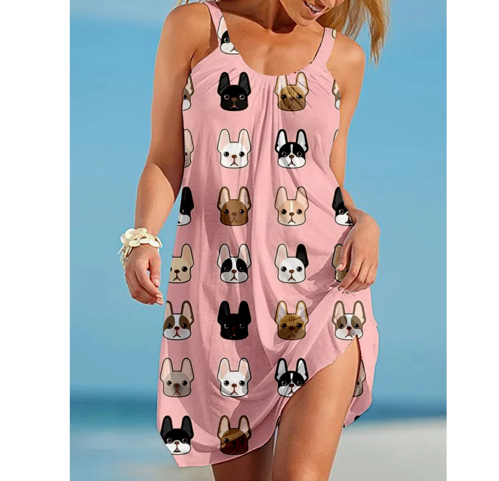 Kawaii Cat Dog Print Women Dress Vintage Woman Beach Dress Sling Midi Sleeveless Dresses Boho Soft Streetwear Girls Night Dress