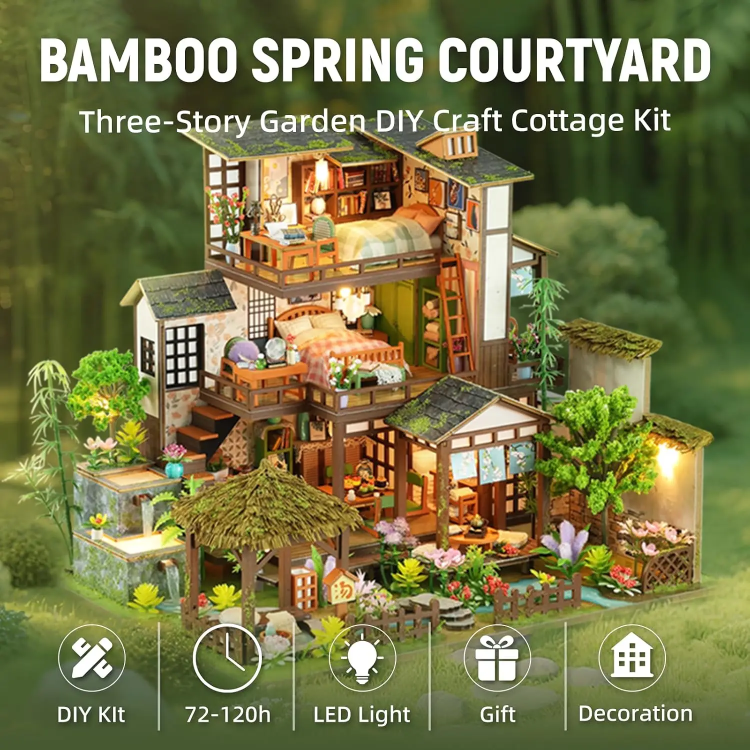 DIY Miniature House Kit with LED Lights, Bamboo Spring Courtyard Wooden Mini House Building Kit for Adults & Teens, Creative Cra