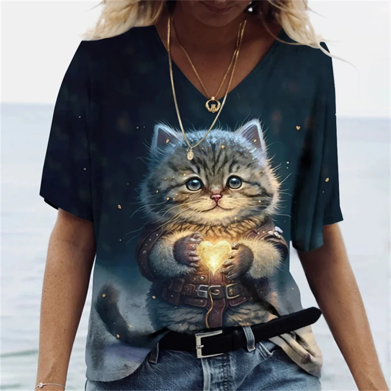 女性用3DキャットプリントTシャツ,半袖ラウンドネックトップス,特大Vネックシャツ,女性用ファッション