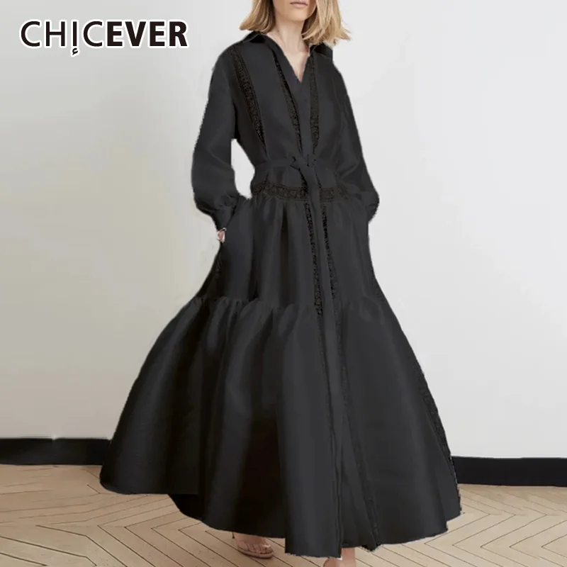 

CHICEVER Solid Women Elegant Dresses Lapel Lantern Sleeve High Waist Spliced Lace Up Midi Party Dress Female Autumn New Clothing