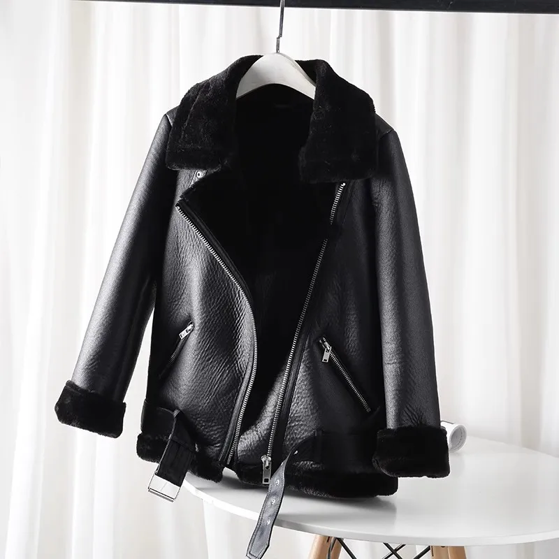 ZVRI Classic Women's 2024 Double Sided biker Jacket with Thick fur Warm black women's jacket