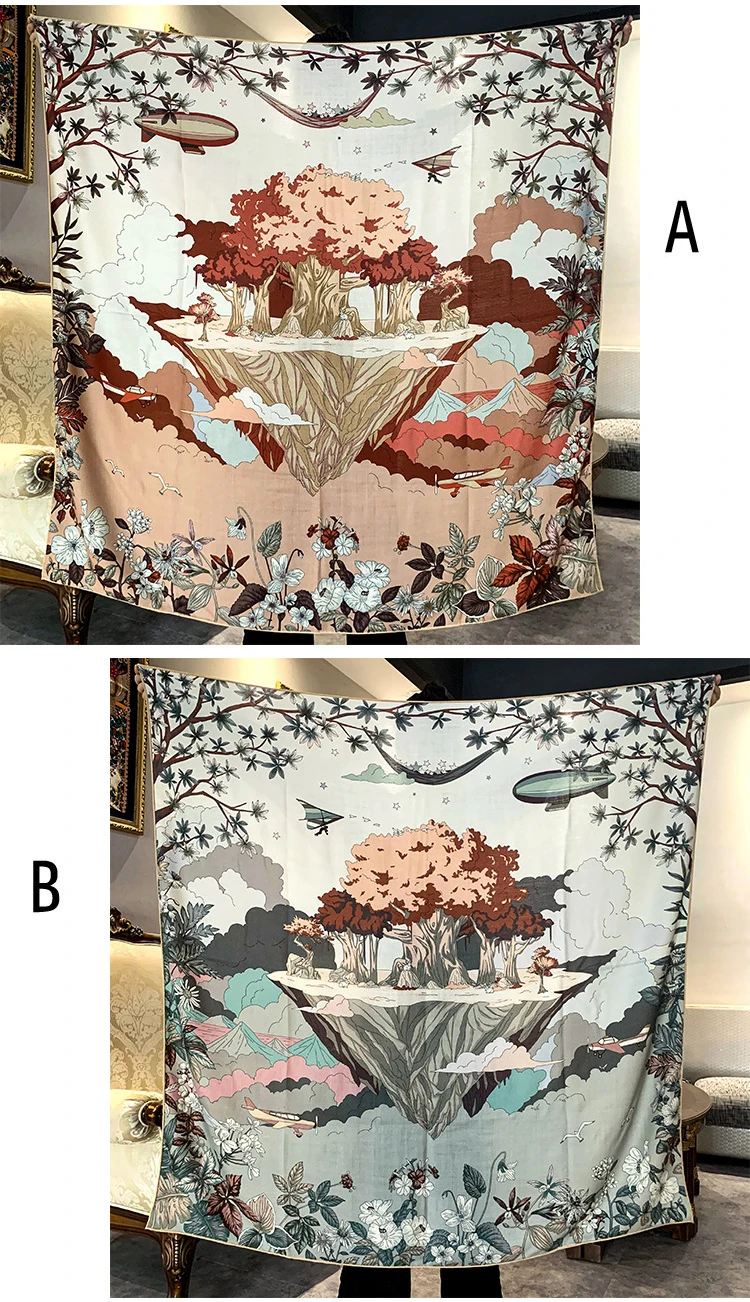 Luxury Silk Wool Scarf 135CM Double Sided Print Shawls Warm Soft Pashmina Wrap Stole Scarves Hand Rolled Edges Bandanas