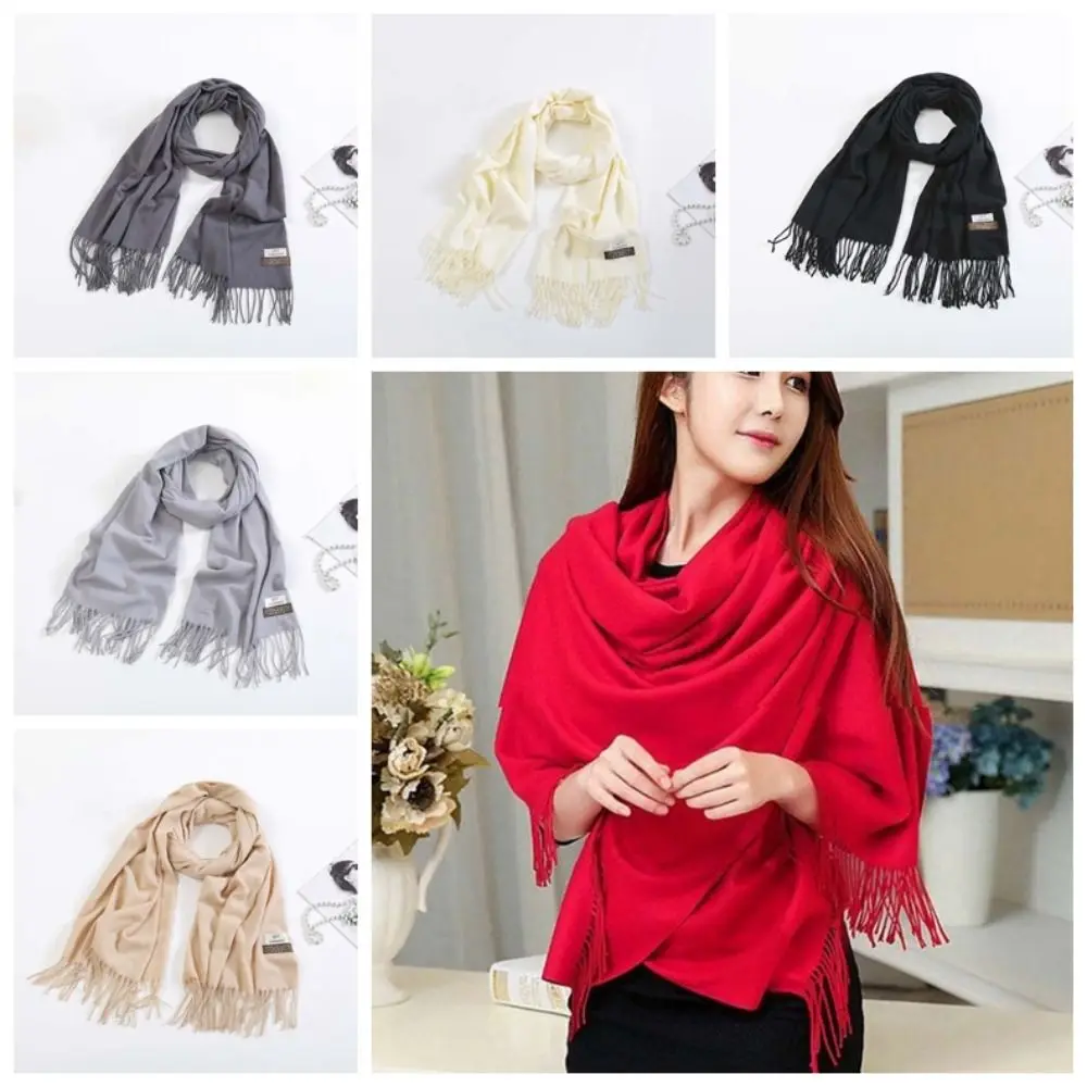 

Gifts Polyester Classic Wool Scarf Soft Warmer Solid Color Shawl Windproof Korean Style Long Neckscarf with Tassel Outdoor