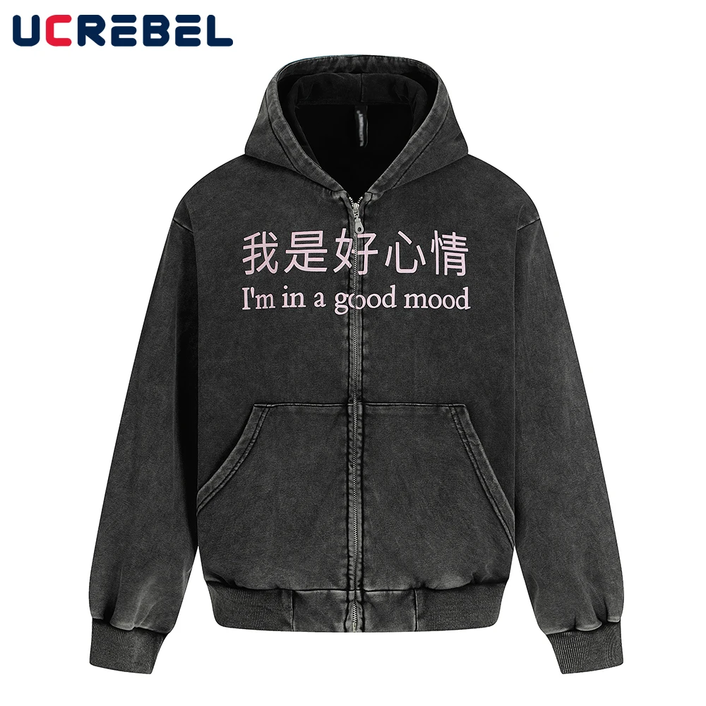 

Chinese Characters Print Hooded Sweatshirts Mens Autumn High Street Loose Washed Distressed Long Sleeve Hoodies Outerwear Man