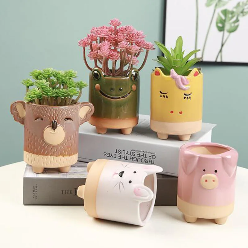 Ceramic Succulent Plant Pot Handmade Crafts Coarse Pottery Vase Container Cute Animal Rabbit Pig Frog Flowerpot Desktop Decor