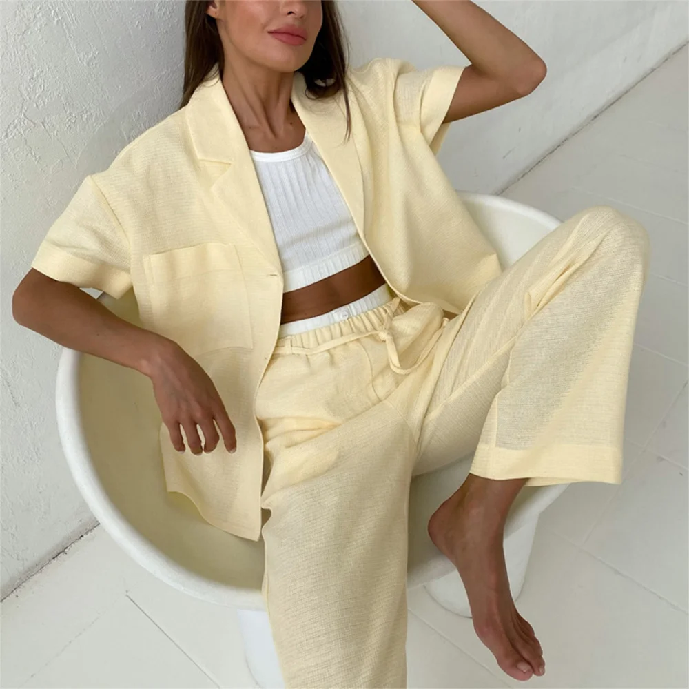 Women Casual Yellow Shirt and Pants 2 Piece Set Summer Turn-Down Collar Short Sleeve Single Breasted Tops Wide Leg Pants Suit