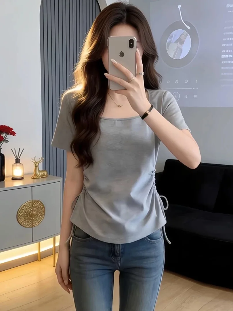 

Summer Short Sleeve T-Shirt Women's Large Size Cotton 95% Drawstring Square Collar Slimming Waist Effect Color Top