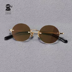 Vintage pure titanium oval  UV400frameless sunglasses suitable for men and women Retro style metal sunnies with dark brown lens