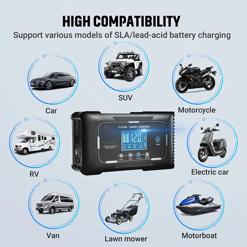 Full Automatic Car Battery Charger 12V/24V Smart Pulse Repair LCD Display Fast Power Smart Charging Wet Dry Lead Acid