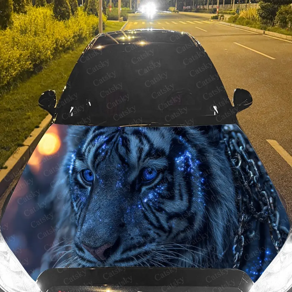 

Intense Blue Lightning Tiger Car Hood Stickers - Self-Adhesive, Waterproof and Durable Vinyl Wrap, Decorate And Protect Your Car