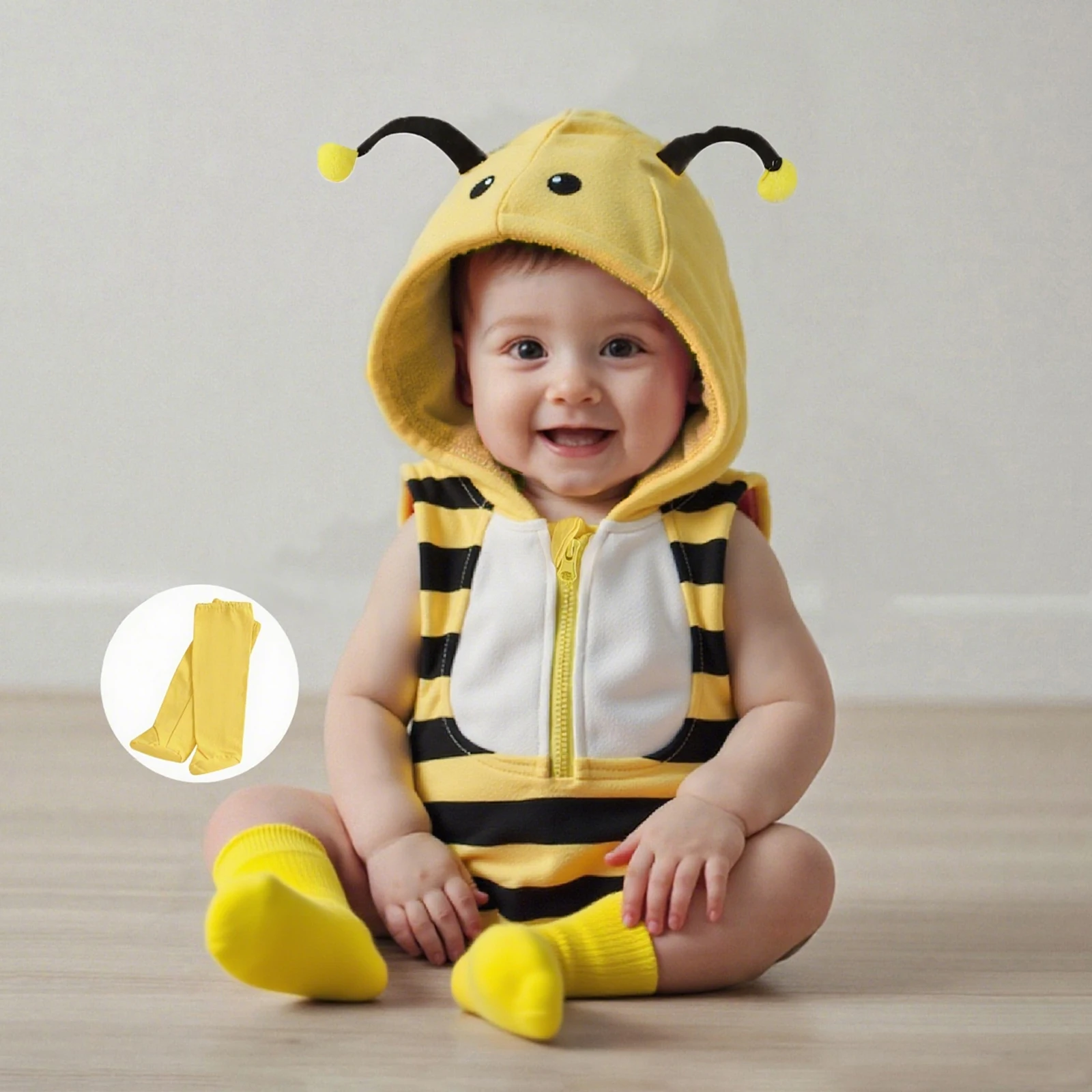 

Cute Baby Bee Costume Sleeveless Hooded Romper Long Socks Set Infant Bumble Bee Jumpsuits Baby Animal Photography Costumes
