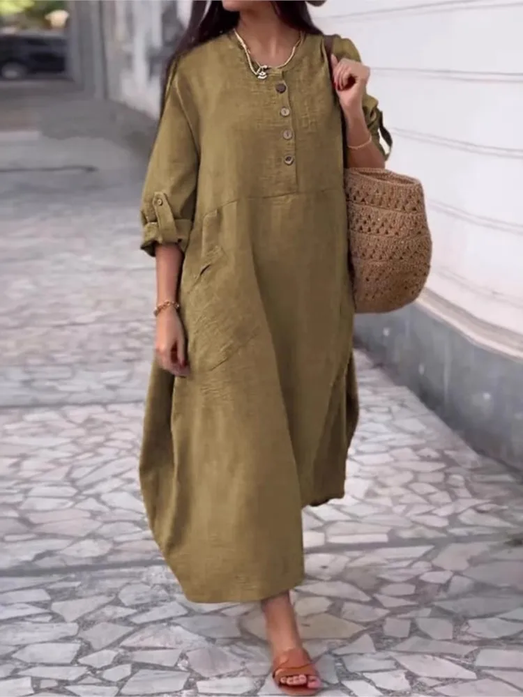 

Women's Fashion Casual Loose O Neck Double Sided Pocket Dresses 2025 Spring Summer New Solid Color Simple Female Vacation Dress