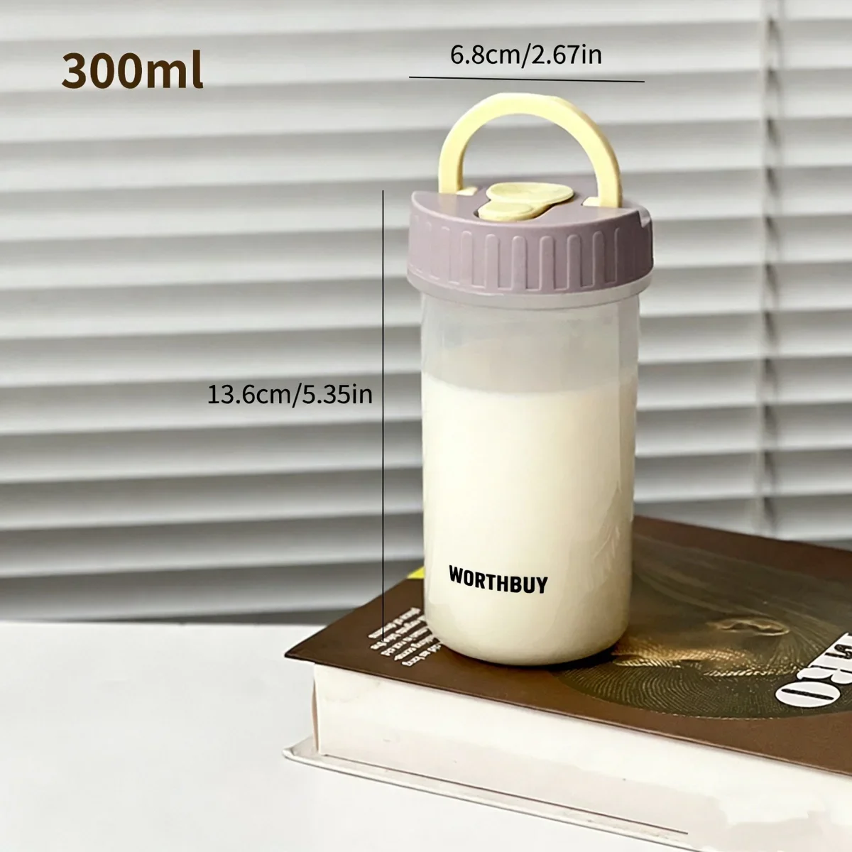 300 ml draagbare plastic waterfles, geschikt voor kinderen en studenten, voor koude en warme dranken, met handvat, luchtdicht en lekvrij, ideaal voor melk en koffie.