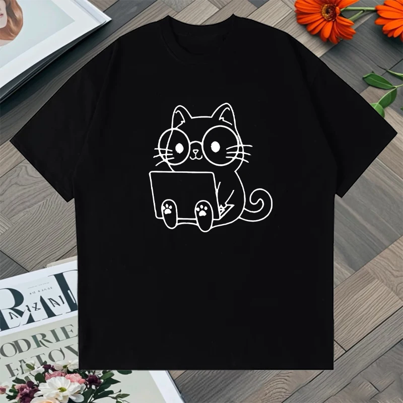 

Summer Cute Kawaii Korean Cartoon Cat Oversized t-shirt Print Fashion Men Women Loose 100% Cotton short sleeve T-shirts Unisex
