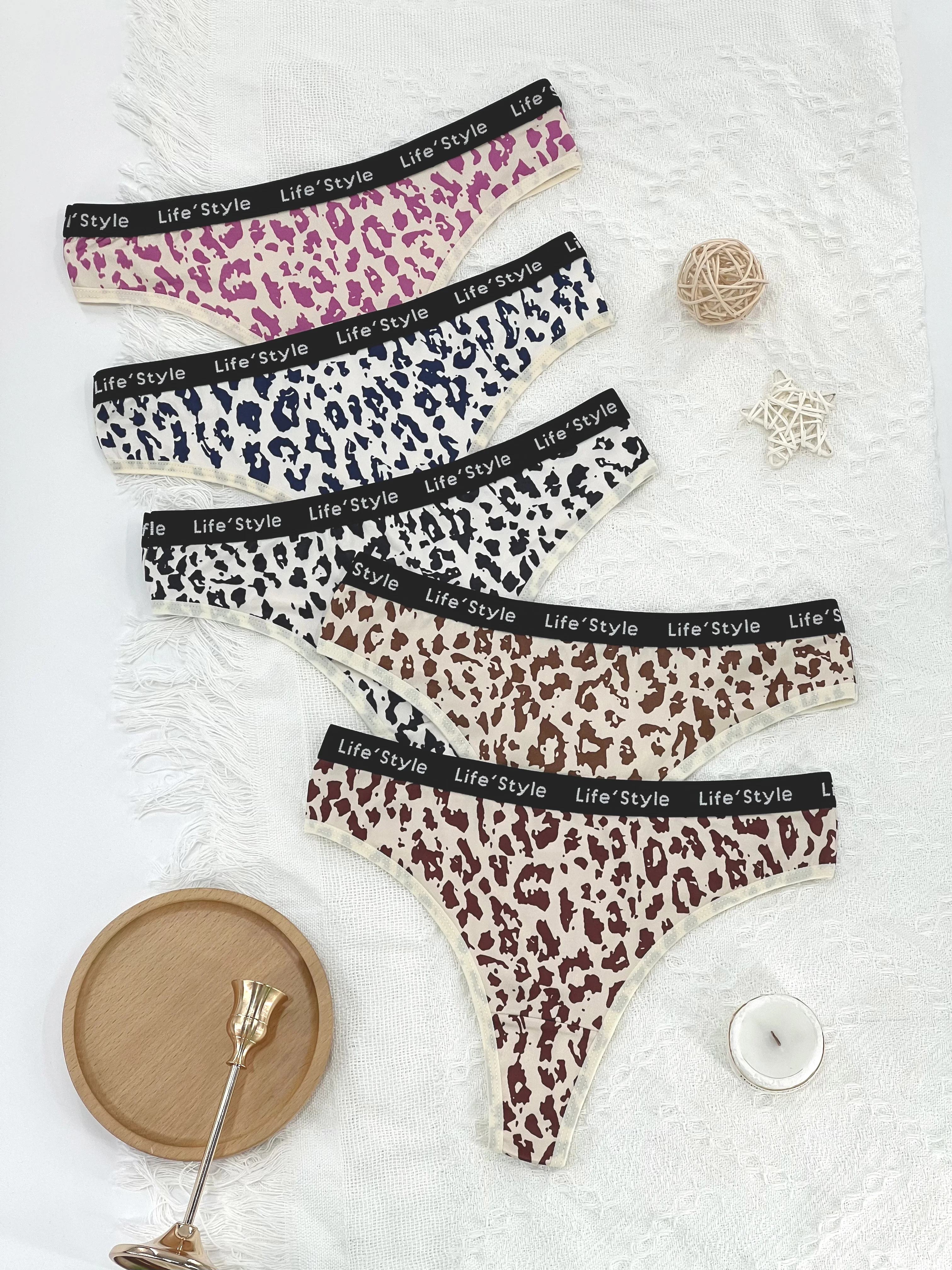 애니멀 프린트, 레오파드 프린트, 핑크 레오파드 프린트, 혼합 컬러 끈팬티, 섹시하고 패셔너블하며 편안한 5켤레 혼합 의상