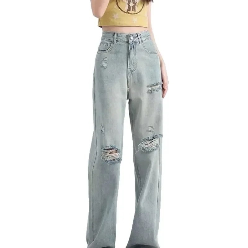 Pop Pop Retro Jeansy damskie z szerokimi nogawkami i wysokim stanem na lato Nowe luźne spodnie w dużych rozmiarach Mała figurka Długie spodnie Prosty krój z dziurami